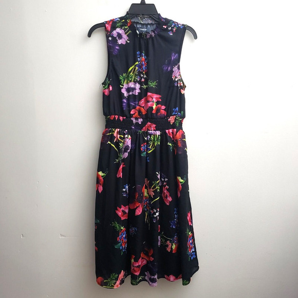 Modcloth Dresses & Skirts - Modcloth Sleeveless High Neck Dress MED Shirred Waist Pink Purple Floral Chiffon